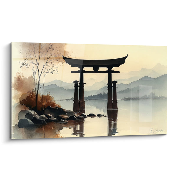 Torii-tafel in ochtendmist met beige en oker tinten - Japanse sereniteit - Editie torii