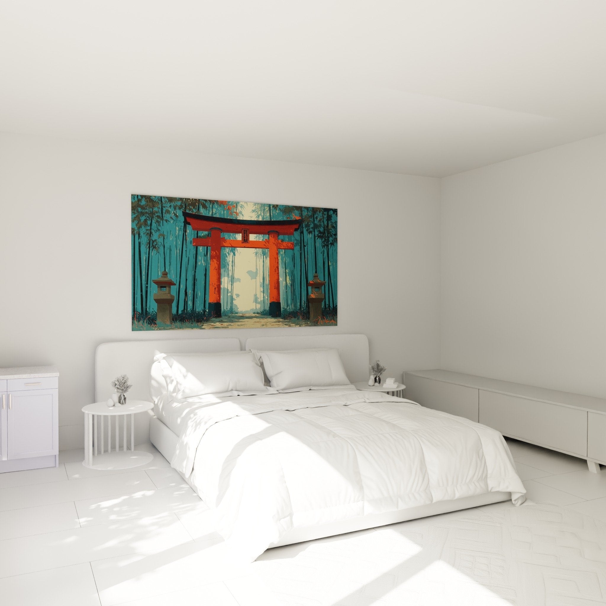 tableau torii rouge foret turquoise accroche au mur chambre moderne decoration zen japonaise ambiance apaisante