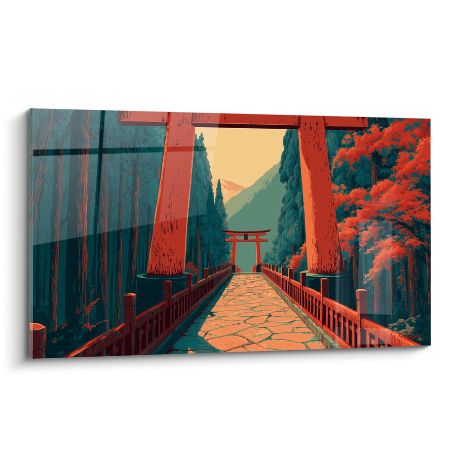 Schilderij van een pad van rode stenen naar een heilig portiek in een herfstbos - Mystiek heiligdom - Torii editie