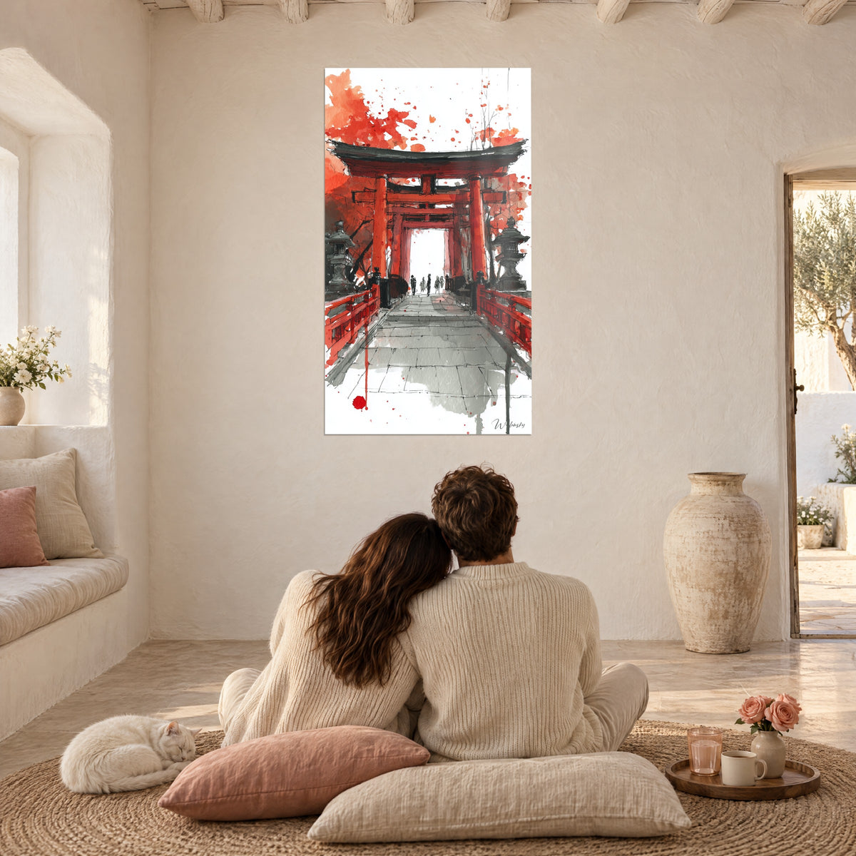 Wall art Japanese shrine in ink black and bright red, couple seen from behind on pink cushions, calm cat, Mediterranean living room
