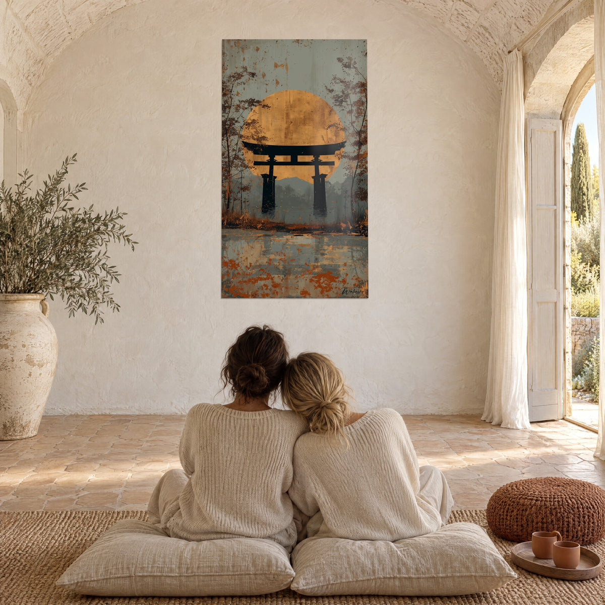 Schilderij met een grote zwarte torii-poort tegenover een okerkleurige zon, grijsgroene achtergrond en met roest gespikkeld water, twee mensen van achteren innig omhelsd op kussens