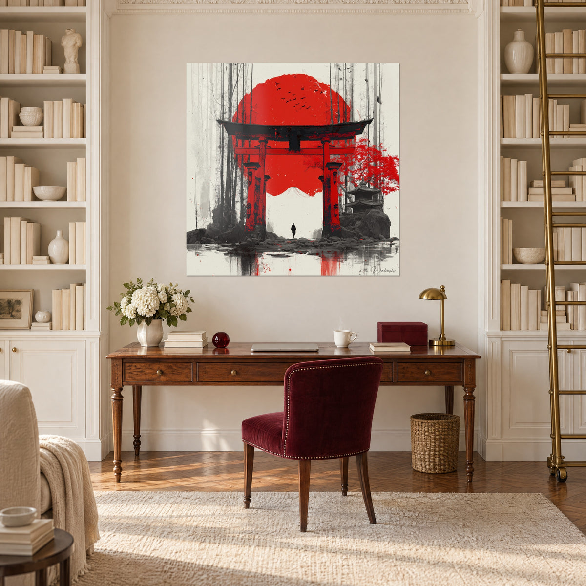 Cuadro de un arco sagrado japonés rojo y negro, vuelo de pájaros sobre un sol bermellón, fondo crema, sobre un escritorio de madera entre dos estanterías