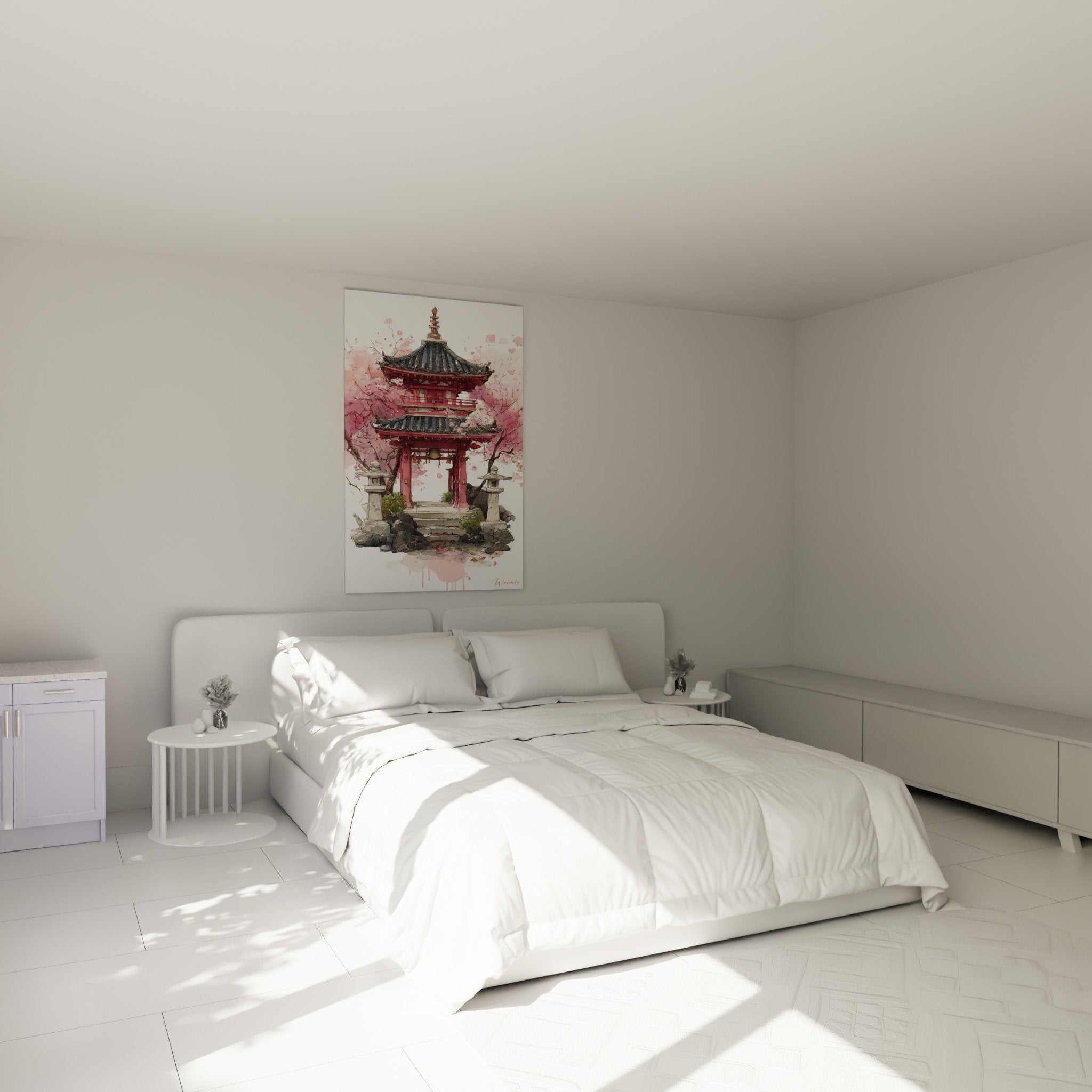 Tableau torii japonais rose et rouge dans chambre moderne avec décoration zen et mobilier bois naturel