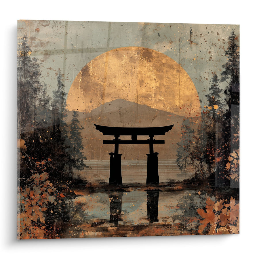 Tableau torii japonais doré au coucher de soleil avec reflets dans l'eau - Sérénité dorée - Edition torii
