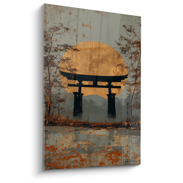 Cuadro torii negro silueteado sobre fondo naranja otoñal y reflejos acuáticos - Serenidad japonesa - Edición torii
