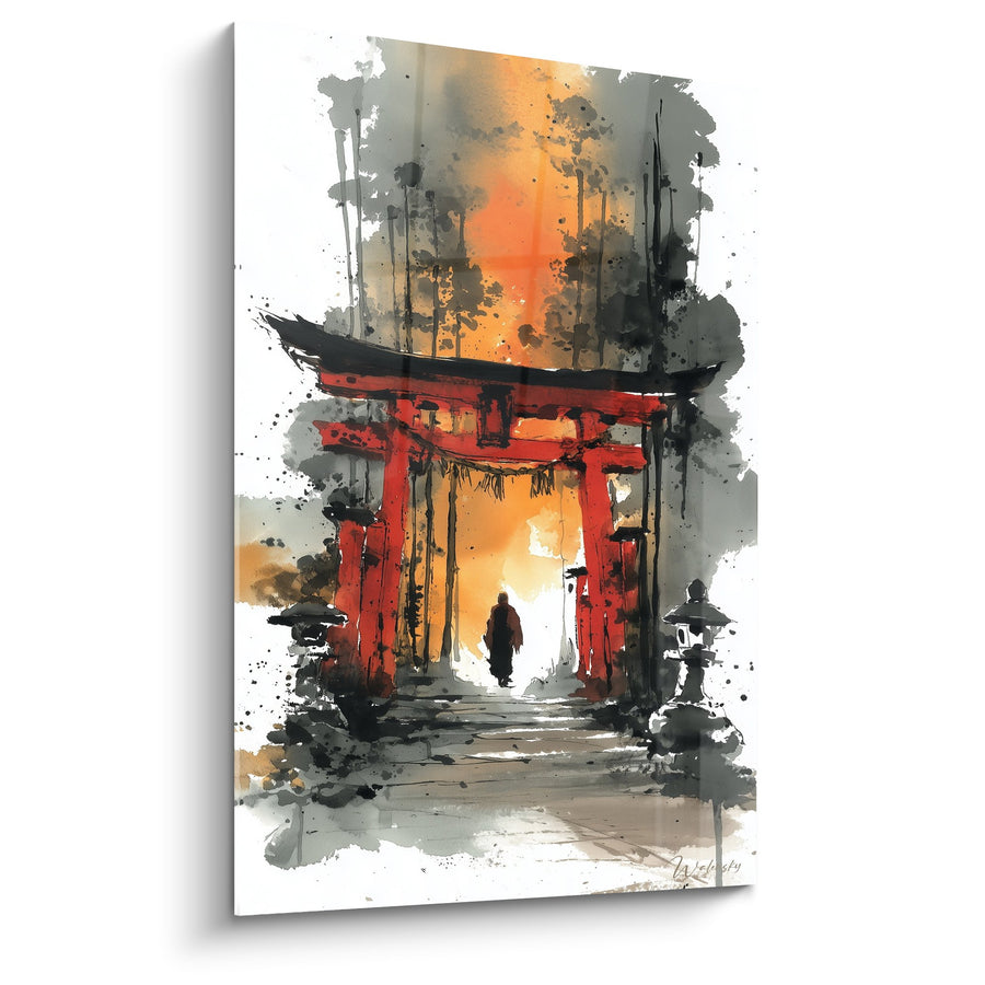 Tableau torii japonais rouge dans brume orangée avec silhouette mystérieuse - Portail spirituel - Edition torii