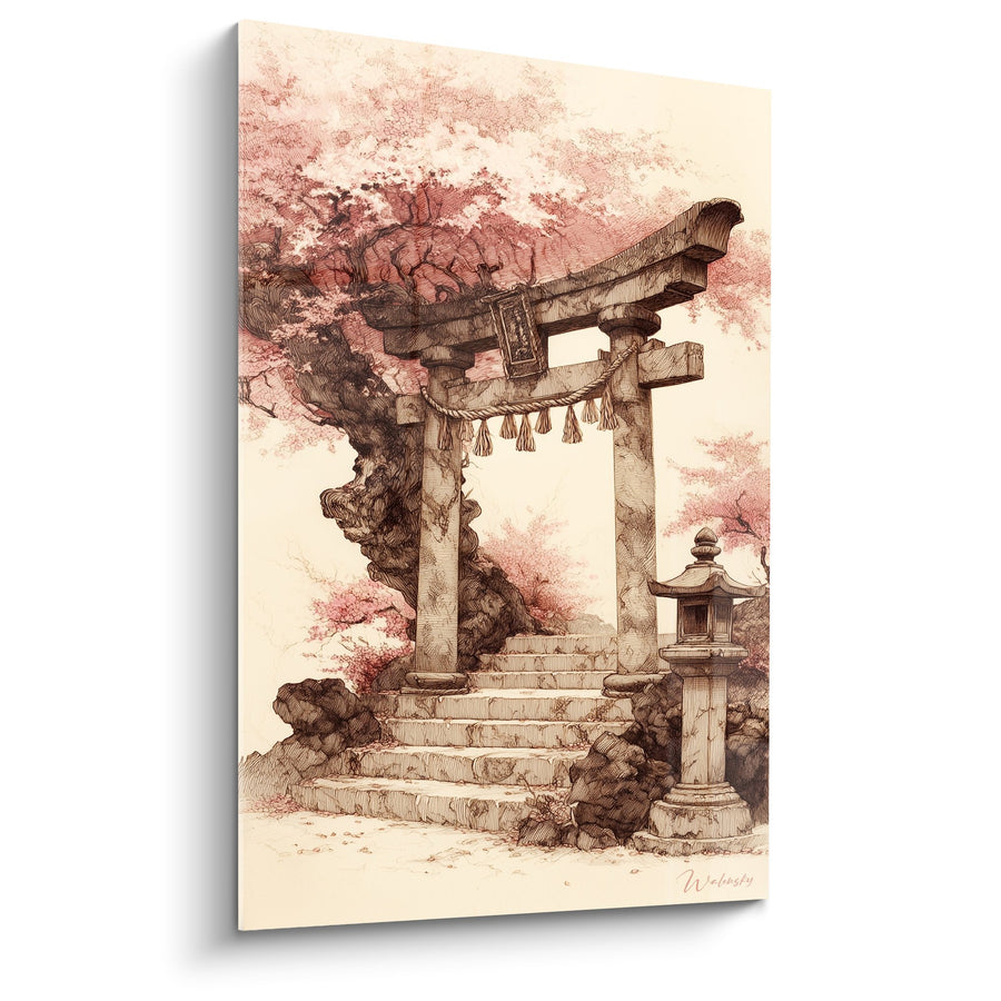 Tableau torii traditionnel aux tons rouge cerise et sépia avec escalier en pierre - Sanctuaire japonais - Edition torii