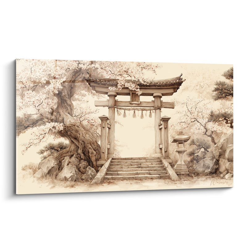 Japanese Torii Gate and Cherry Blossoms in Sepia Tones - Nippon Serenity - Torii Edition