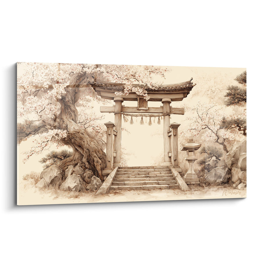 Japanse Torii Poort en Kersenbloesems in Sepiatonen - Japanse sereniteit - Torii editie