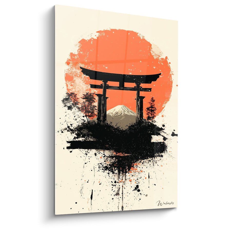 Tableau torii noir silhouetté sur soleil orange éclatant avec mont Fuji - Harmonie Sacrée - Edition torii