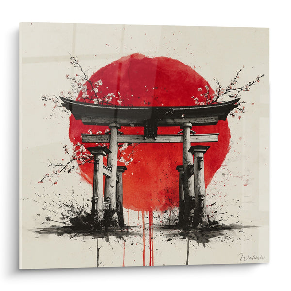 Traditioneel Torii portaal op rode zon met kersenbloesemtakken - Poort naar Japan - Editie torii