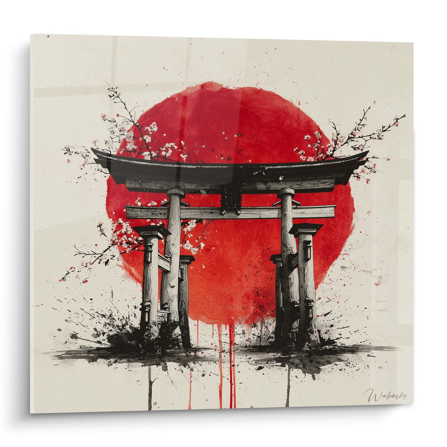 Tableau torii traditionnel sur soleil rouge avec branches de cerisier - Portail vers le Japon - Edition torii