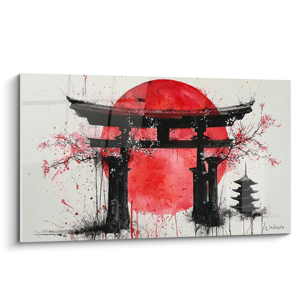 Torii-tableau zwart en rood met robijnen zon en kersenbloesem - Japanse schrijn - Torii editie