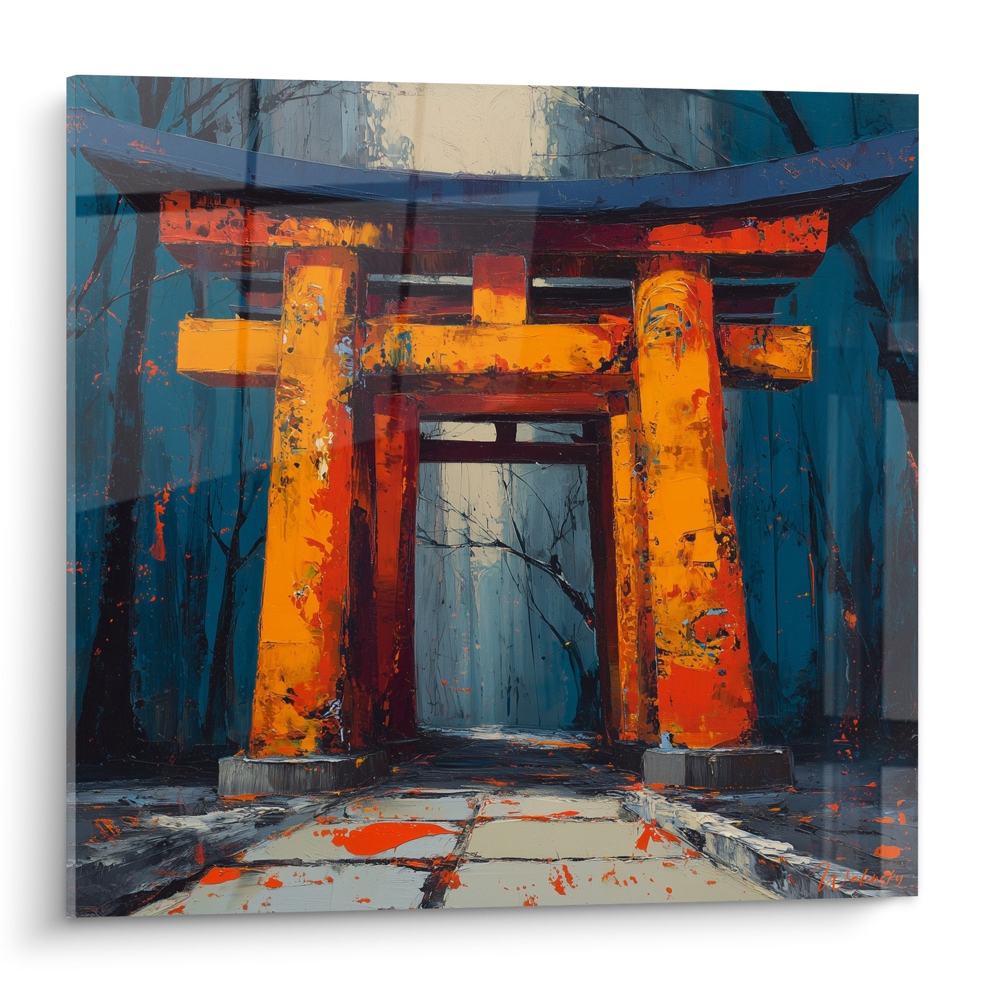 Tableau torii japonais style expressionniste couleurs orange vif et bleu profond peinture moderne