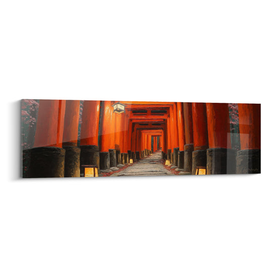 Cuadro túnel de torii naranjas iluminados en la penumbra - Paso sagrado - Edición torii
