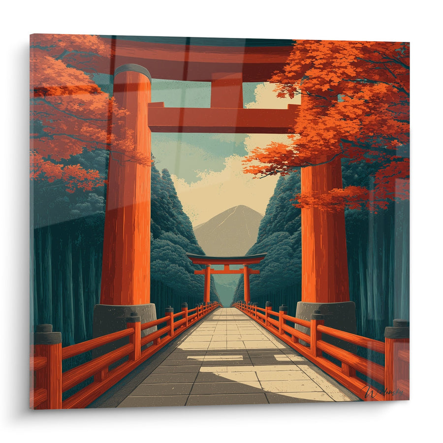Tableau pont vermillon et temple orangé sous érables d'automne - Chemin sacré - Edition torii