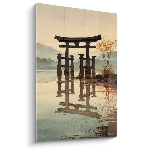 Traditioneel Torii Poort Spiegelbeeld Gouden Zonsondergang op Rustig Meer - Japanse Sereniteit - Editie Torii