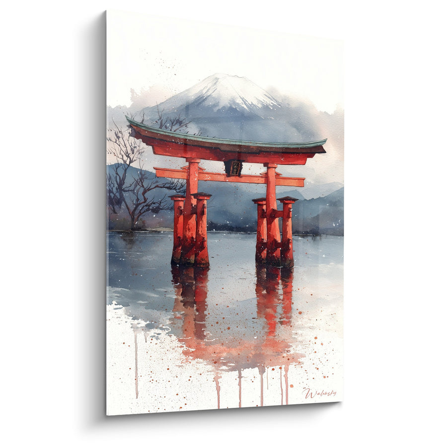 Tableau torii rouge vermillon dans brume aquarelle avec mont Fuji - Sérénité Japonaise - Edition torii