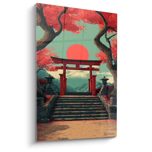 Schilderij Japans heiligdom onder kersenbloesems rood en oranje zon - Traditionele sereniteit - Editie torii