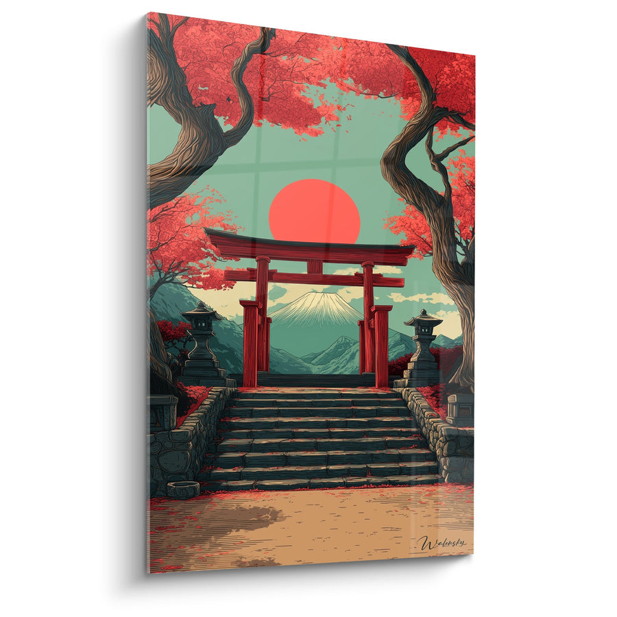 Tableau sanctuaire japonais sous cerisiers rouges et soleil orange - Sérénité traditionnelle - Edition torii