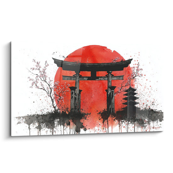 Cuadro torii rojo vibrante con cerezos en flor - Armonía japonesa - Edición torii