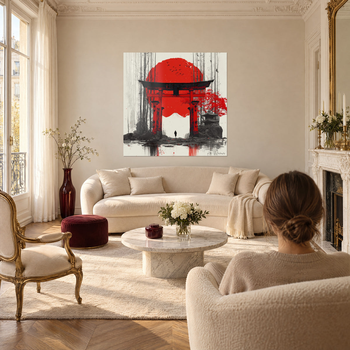Cuadro de un torii bermellón frente a un gran sol rojo, bosque de bambú gris, mujer de espaldas, sobre un sofá en un salón luminoso