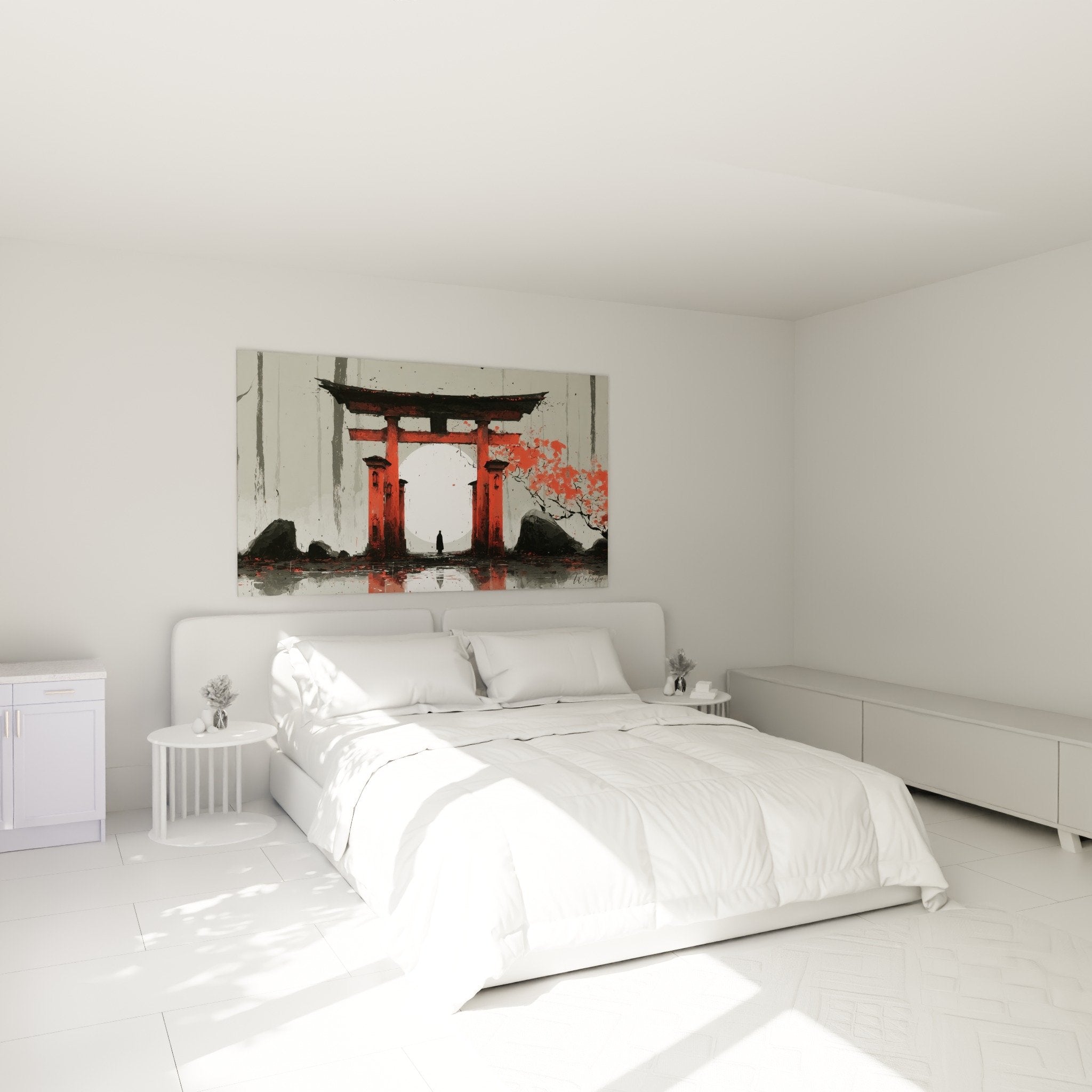 red Japanese torii gate and white moon wall art decorating modern bedroom with neutral and minimalist tones