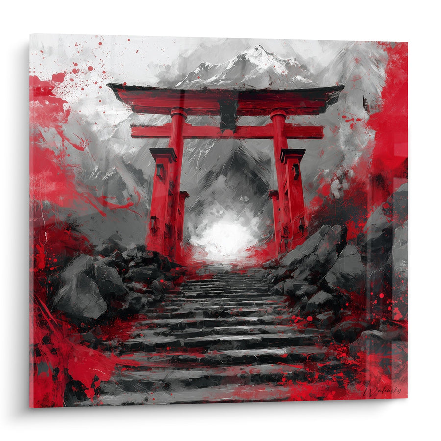 Tableau torii rouge écarlate sur escalier de pierre dans brume montagneuse - Passage mystique - Edition torii