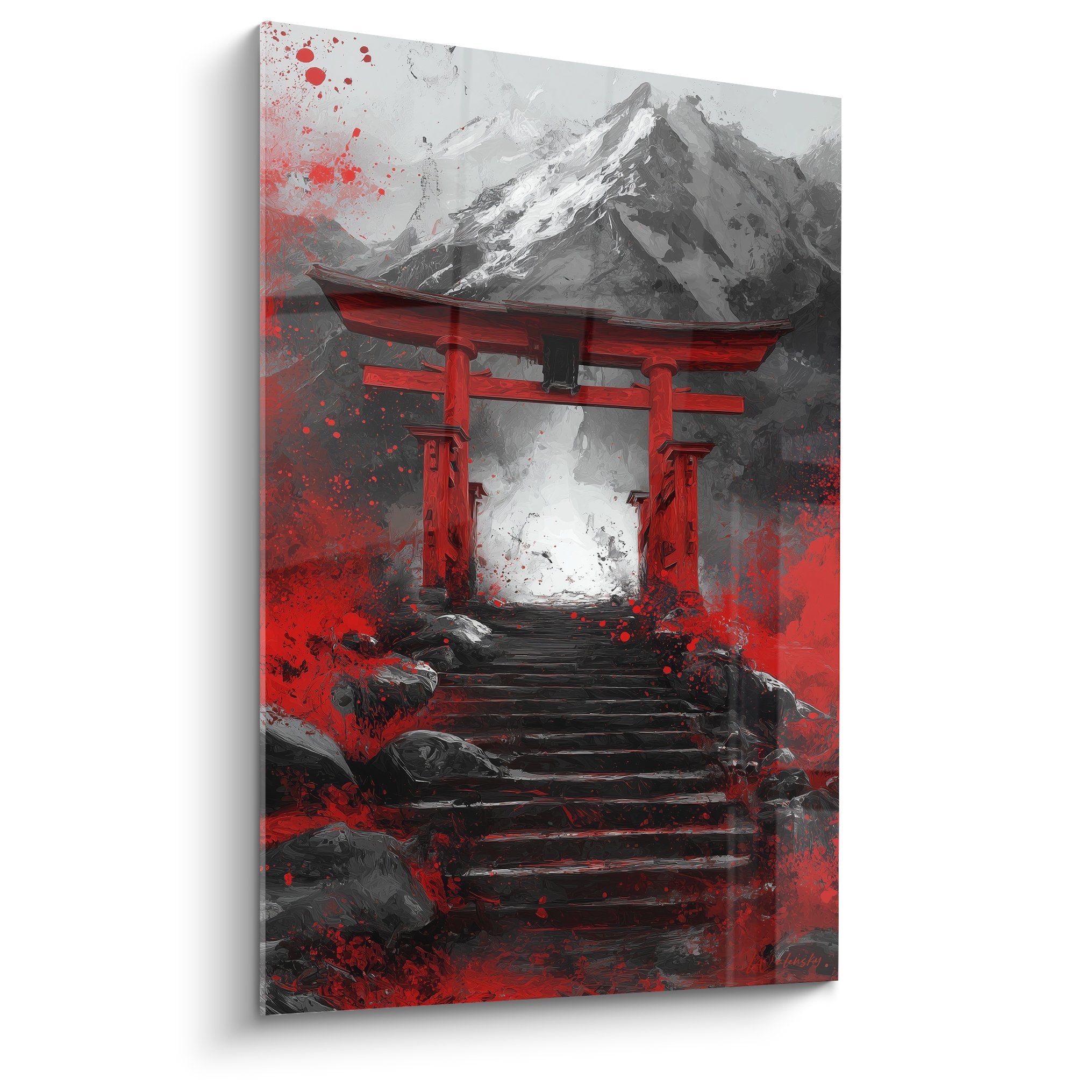 Red scarlet torii gate black stairs grey mountains contemporary Japanese artistic style
