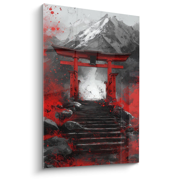 Bloedrood Torii-tafel op zwarte trap met grijze bergen - Saffierpoort - Torii editie