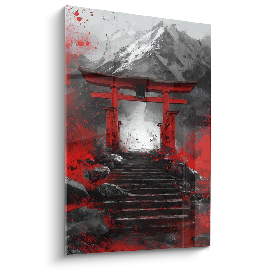 Tableau torii rouge sang sur escaliers noirs avec montagnes grises - Portail Écarlate - Edition torii