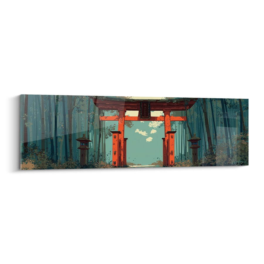 Tableau portique rouge vermilion dans forêt de bambous bleu-vert - Passage mystique - Edition torii