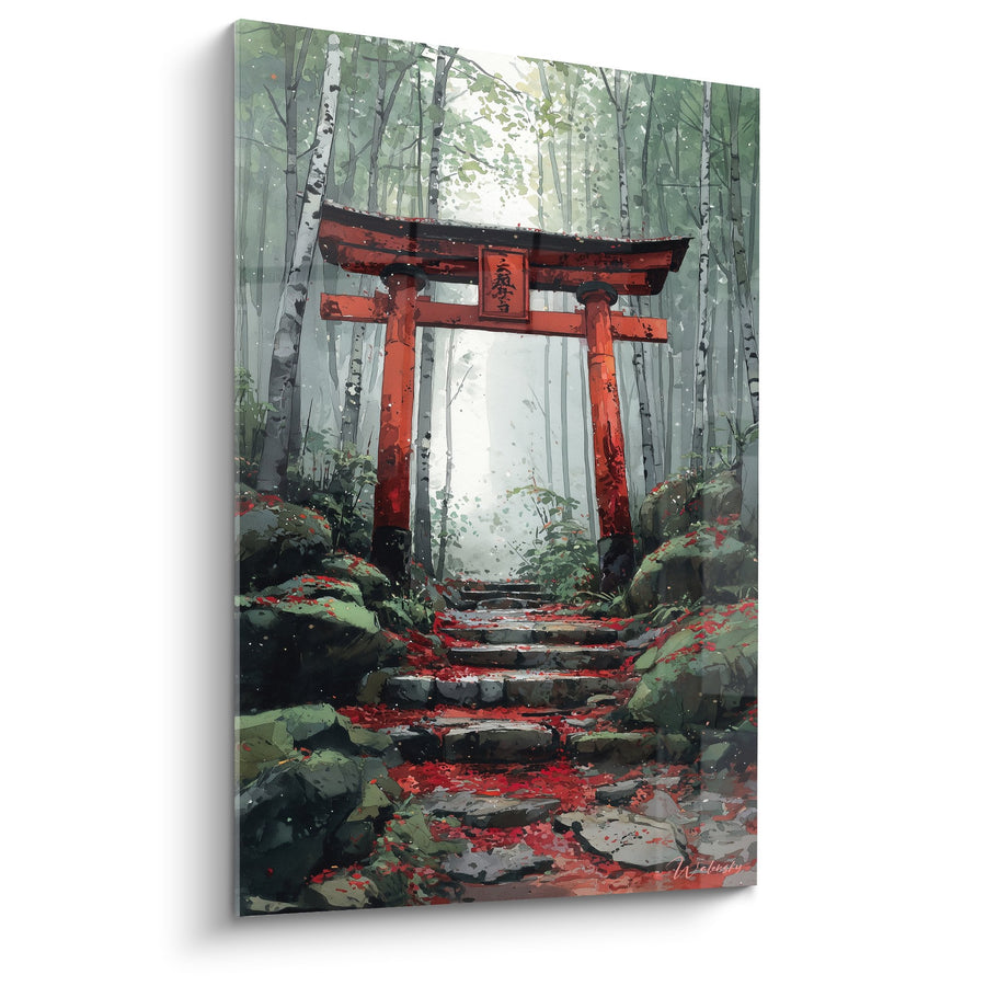 Tableau torii rouge vermillon dans forêt brumeuse aux tons verts - Sanctuaire mystique - Edition torii