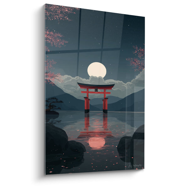 Rode Torii Poort Onder Volle Maan Met Kersenbloesems En Nachtelijke Reflecties - Lunaire Sereniteit - Editie Torii