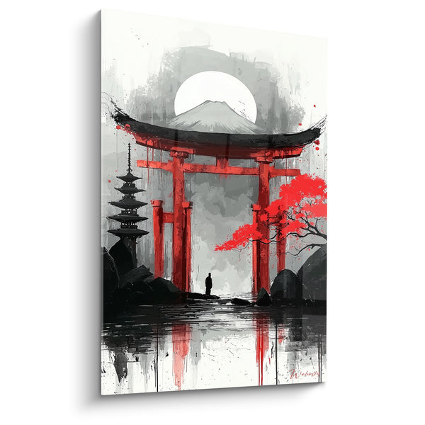 Schilderij van een rode vermiljoen torii poort in grijze mist met berg Fuji en pagode - Japanse sereniteit - Torii editie