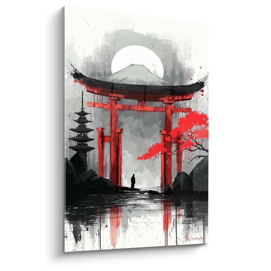 Tableau torii rouge vermillon dans brume grise avec mont Fuji et pagode - Sérénité Japonaise - Edition torii
