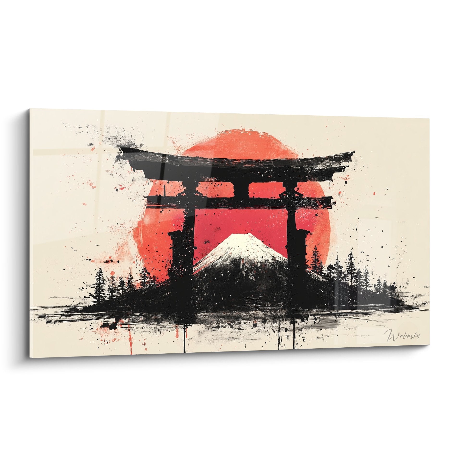 Tableau moderne torii rouge et noir avec mont Fuji enneigé et éclaboussures artistiques sur fond beige