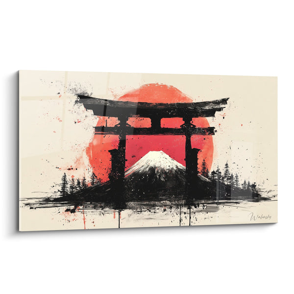 Traditioneel portiek schilderij rood en zwart met berg Fuji - Nipponese sereniteit - Torii editie