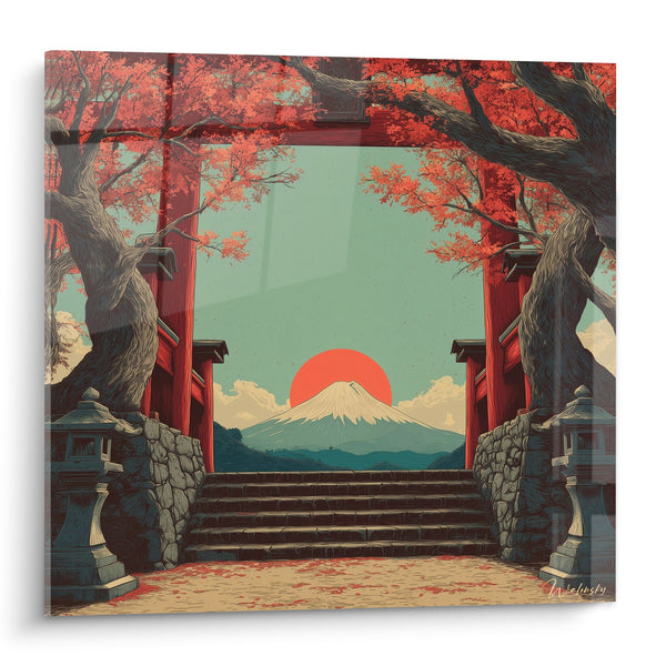 Heiliger Berg unter roter Sonne mit traditionellem Torweg und karminrotem Ahornwald - Herbliches Heiligtum - Torii Edition