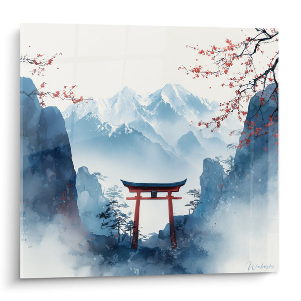 Doortableau rood in berglandschap blauw en kersenbloesem - Japanse sereniteit - Editie torii