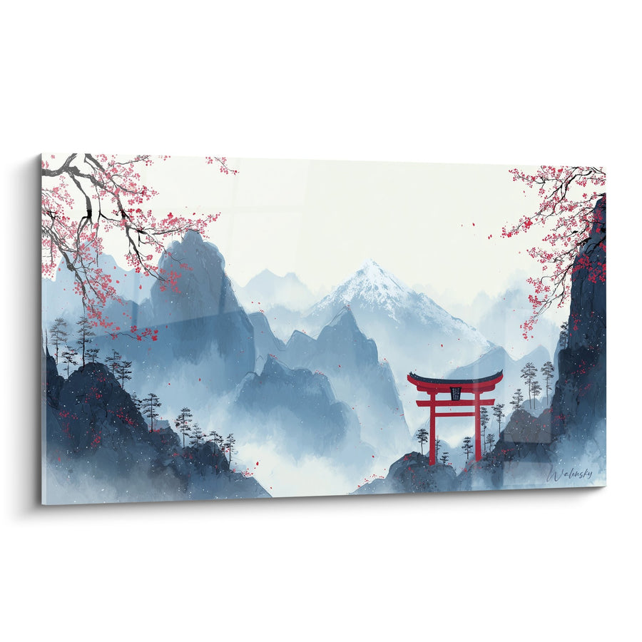 Landschap schilderij van een mistige berg met rode torii-poort en kersenbloesems - Japanse sereniteit - Editie torii