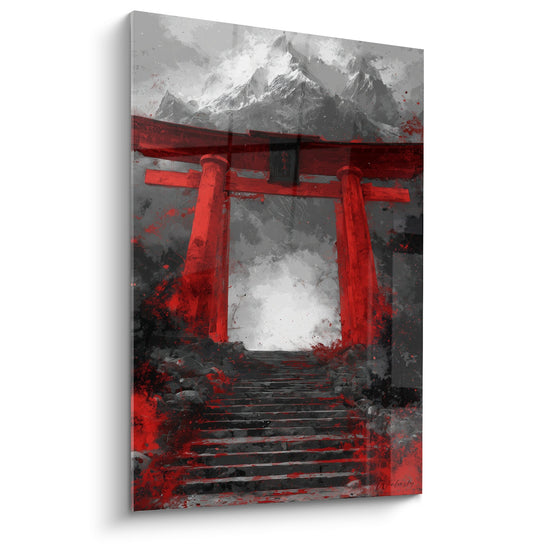 Tableau torii rouge traditionnel japonais avec montagnes grises et eclaboussures peinture moderne