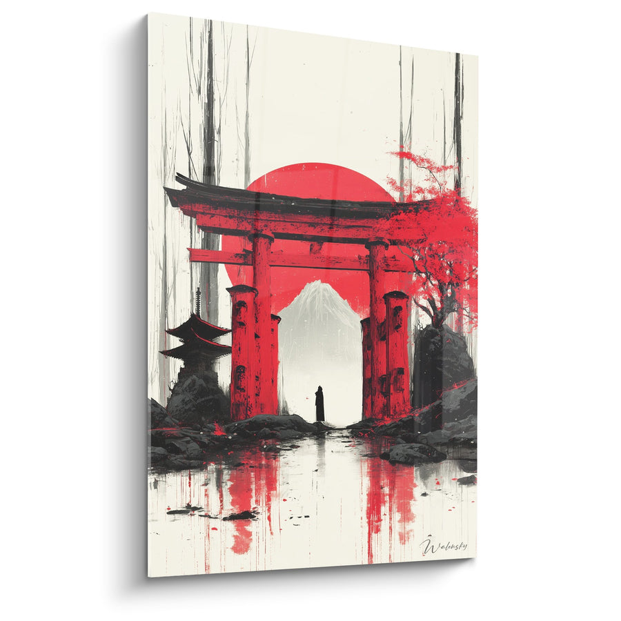 Tableau torii rouge sous soleil couchant avec pagode et cerisier - Sanctuaire mystique - Edition torii