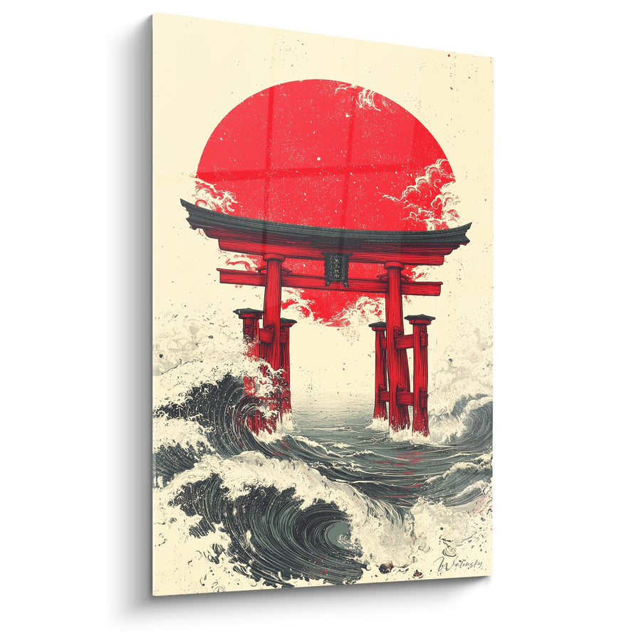 Tableau portique rouge traditionnel sur vagues stylisées fond soleil écarlate - Sanctuaire des flots - Edition torii