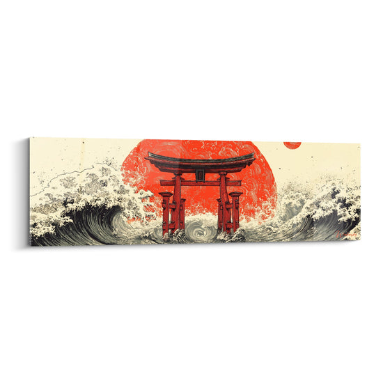 Cuadro torii rojo entre olas rompiendo sobre fondo naranja - Santuario de los flujos - Edición torii