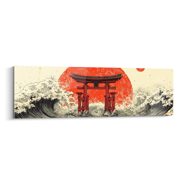 Rode Torii Poort Tussen Brekende Golven Op Oranje Achtergrond - Heiligeplaats van de Stromen - Editie Torii