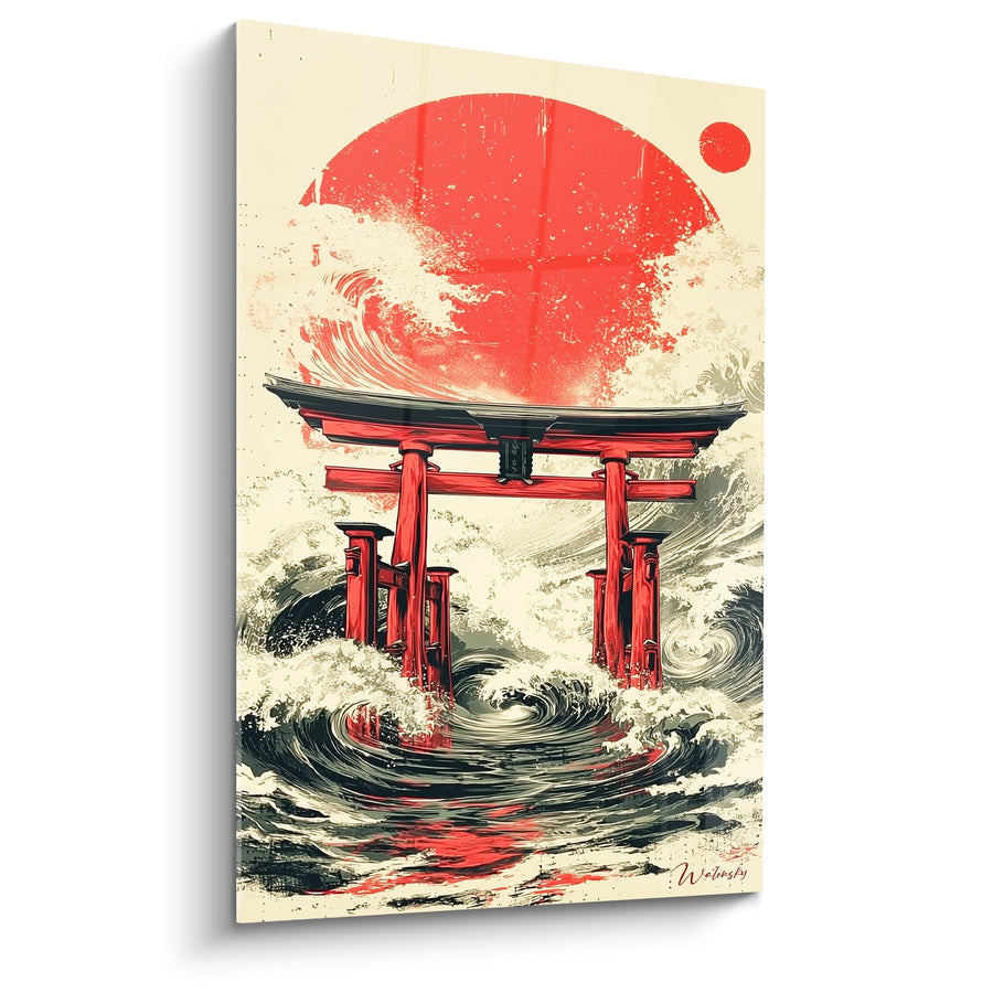 Tableau torii rouge vermillon sur vagues stylisées avec soleil écarlate - Sanctuaire des flots - Edition torii