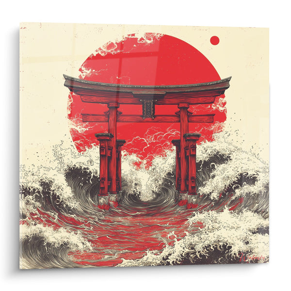 Schilderij rode vermiljoen torii in gestileerde golven - Poort van de eb en vloed - Editie torii