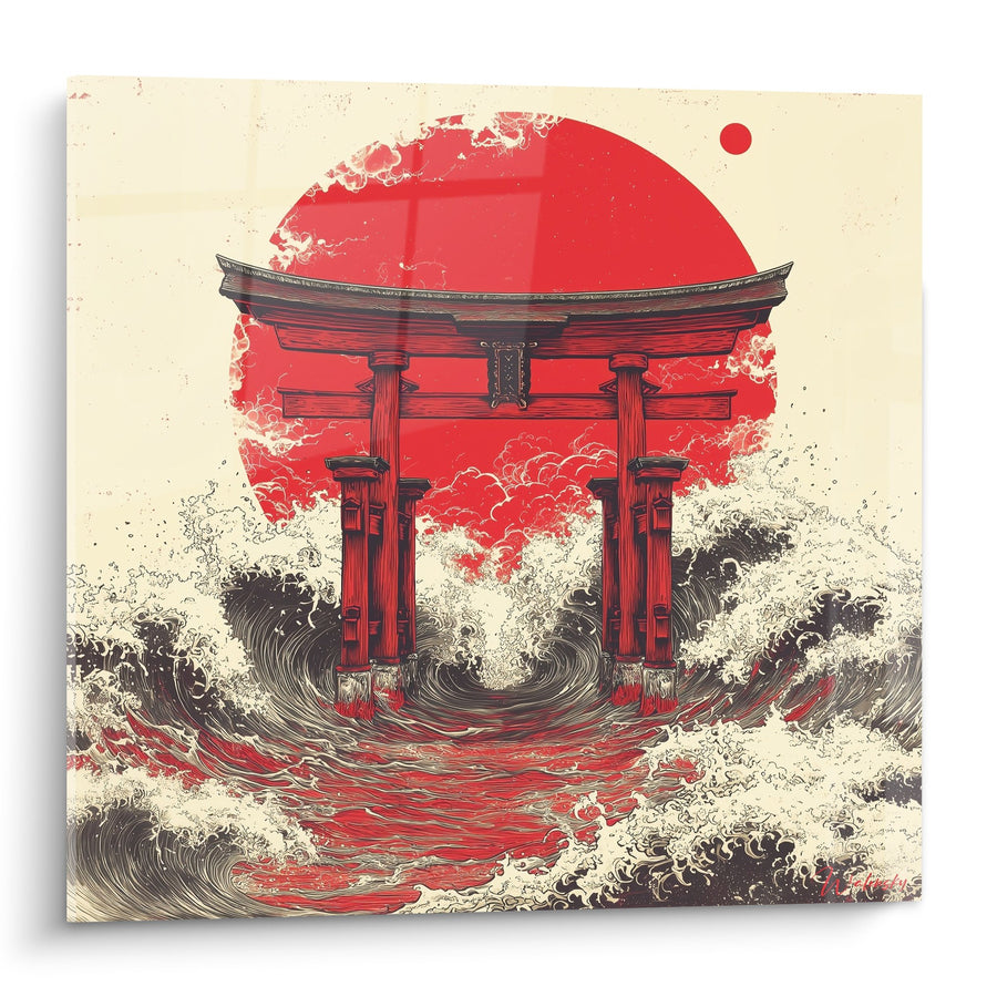Tableau torii rouge vermillon dans les vagues stylisées - Portail des marées - Edition torii