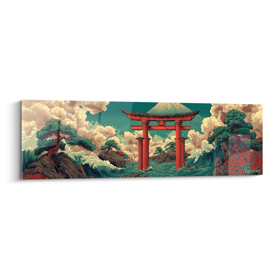 Rode Torii Poort Oprijzend uit Gestileerde Golven in Japans Landschap - Heilige Poort - Editie Torii